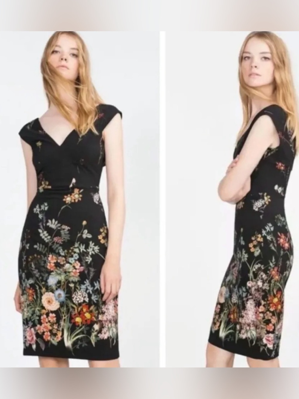 Zara Woman Botanical Black and Floral V-Neck Sheath Dress, Size M